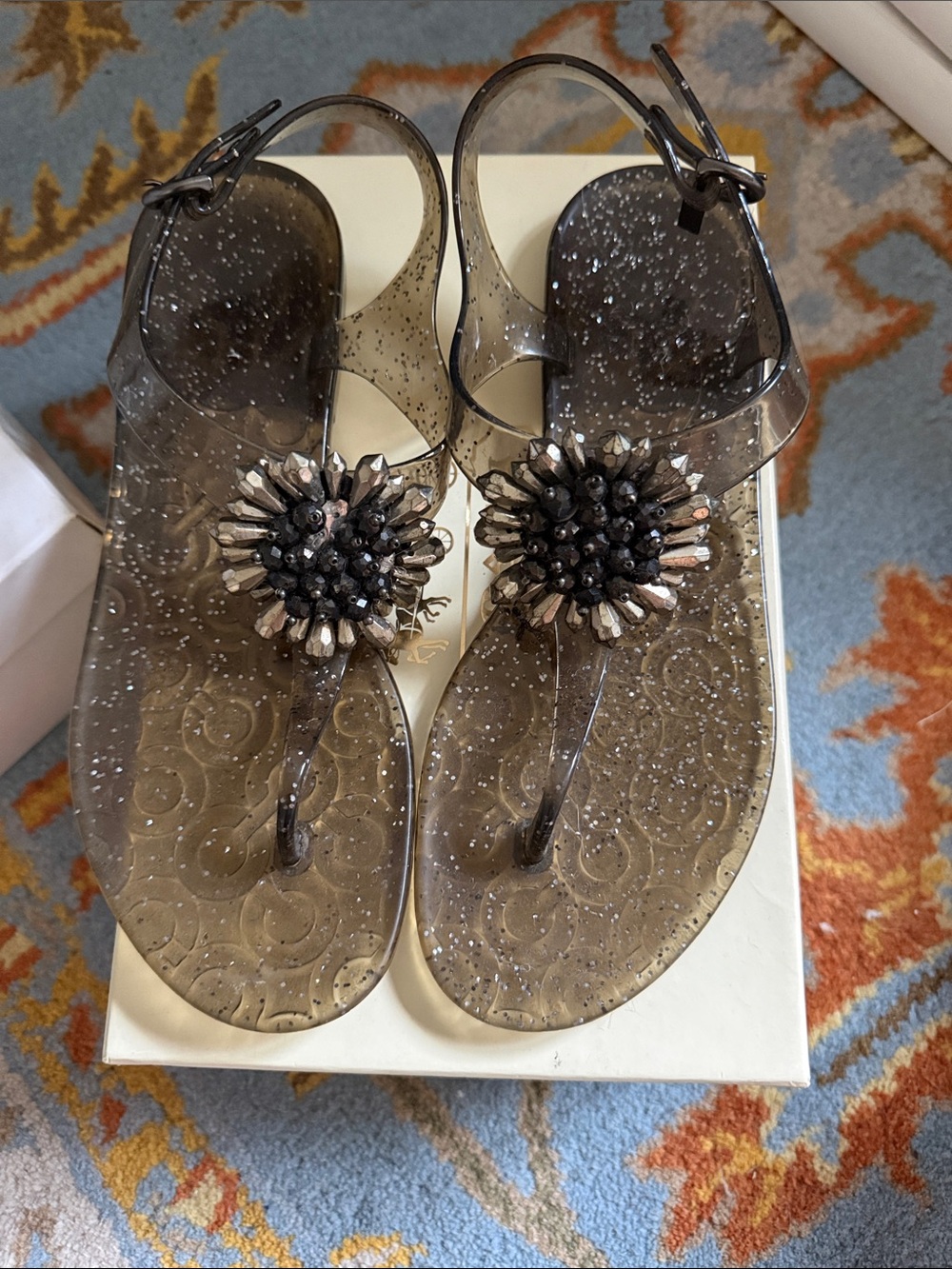 Coach Smoky Brown Glitter Jelly Thong Sandals with Jeweled Floral Accent